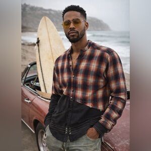 Greg Lauren - Birdwell Panelled Distressed Checked Cotton-Flannel & Nylon Shirt